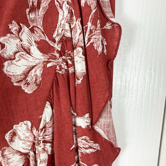 NWOT ZARA Skirt M Wrap Ruffle Midi Floral Linen Blend Button Waist Burgundy - Picture 9 of 13